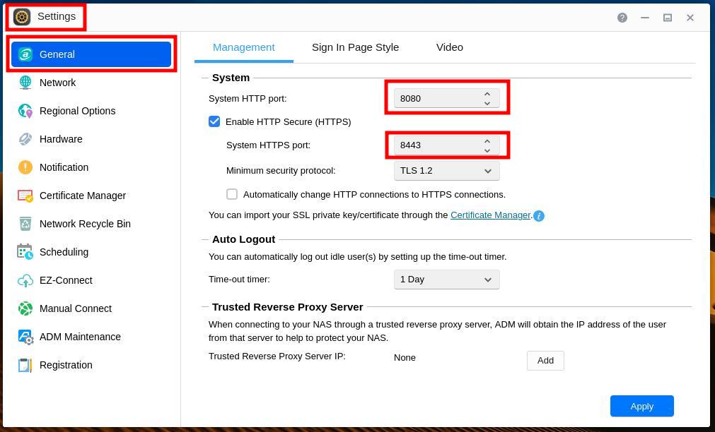 Screenshot of the Settings, General, Management.