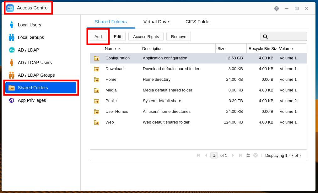 Screenshot of the Access Control, Shared Folders