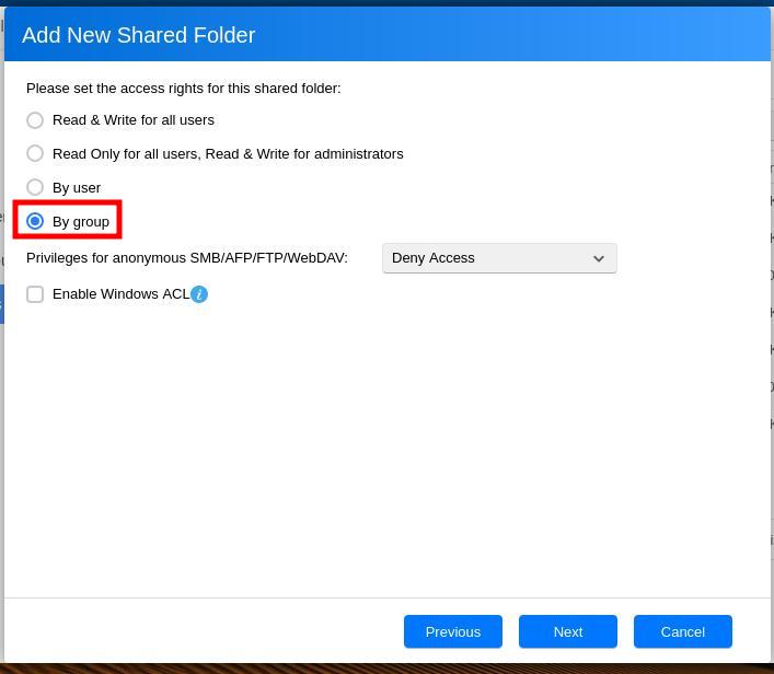 Screenshot of the Shared Folders, By Group settings